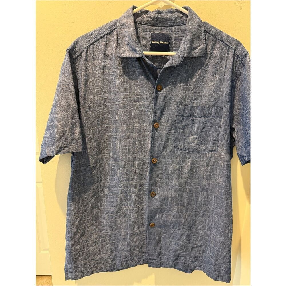 Tommy Bahama Silk- Cotton blue Short-Sleeve Button-Up Shirt Textured Weave sz M